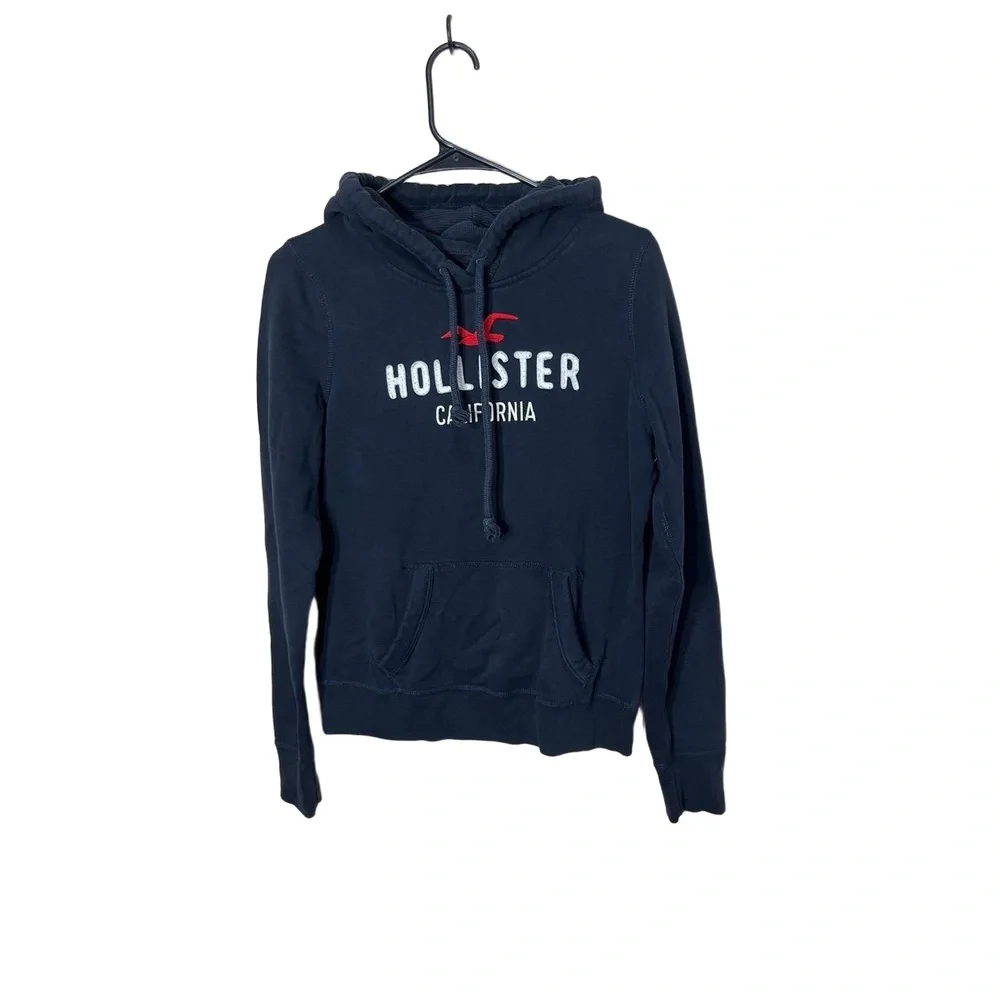 Hollister Navy‎ Blue Y2K Pullover Hoodie Logo Drawstring Front Pouch Pocket M
